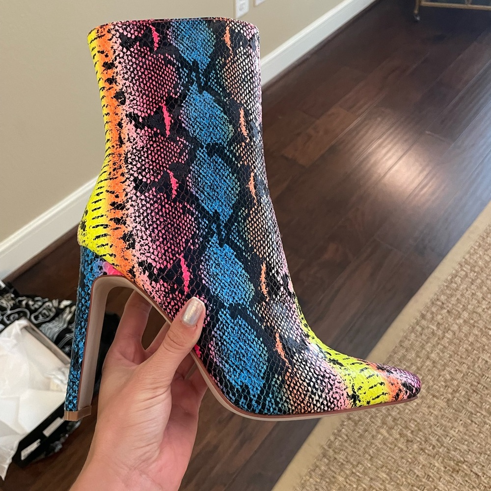 Rainbow snakeskin heeled boot. Never worn! Boots by Azalea Wang.